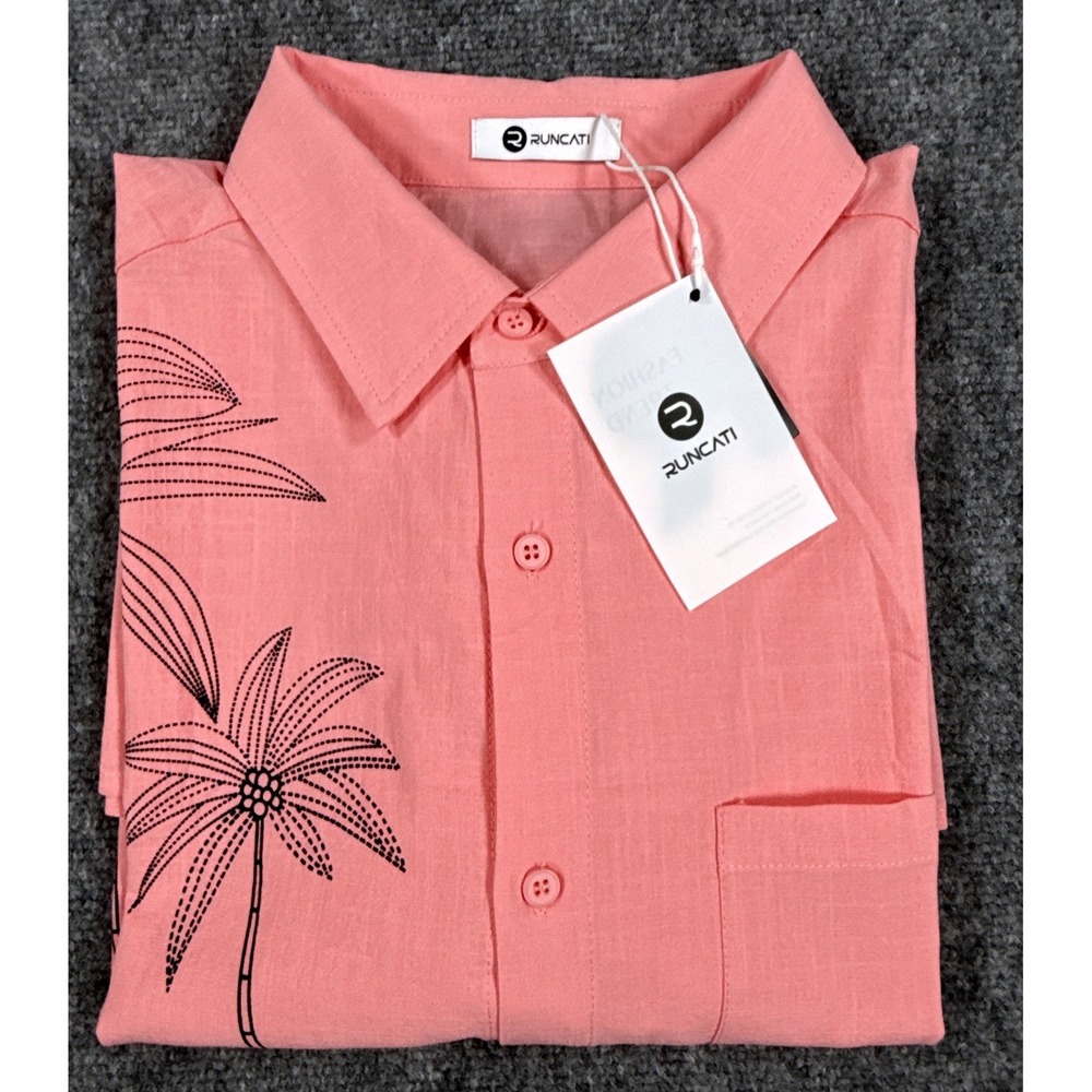 Runcati Mens XL Short Sleeve Button Down Shirt Pink Palm Tree Graphic